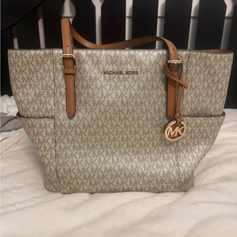Michael Kors Beige Logo Tote with Tan Leather Accents